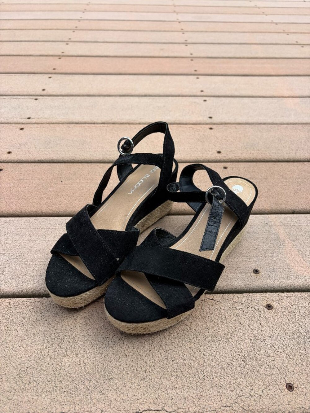 Big Buddha Black Faux Suede Espadrille Wedge Sandals Ankle Strap Women's 8